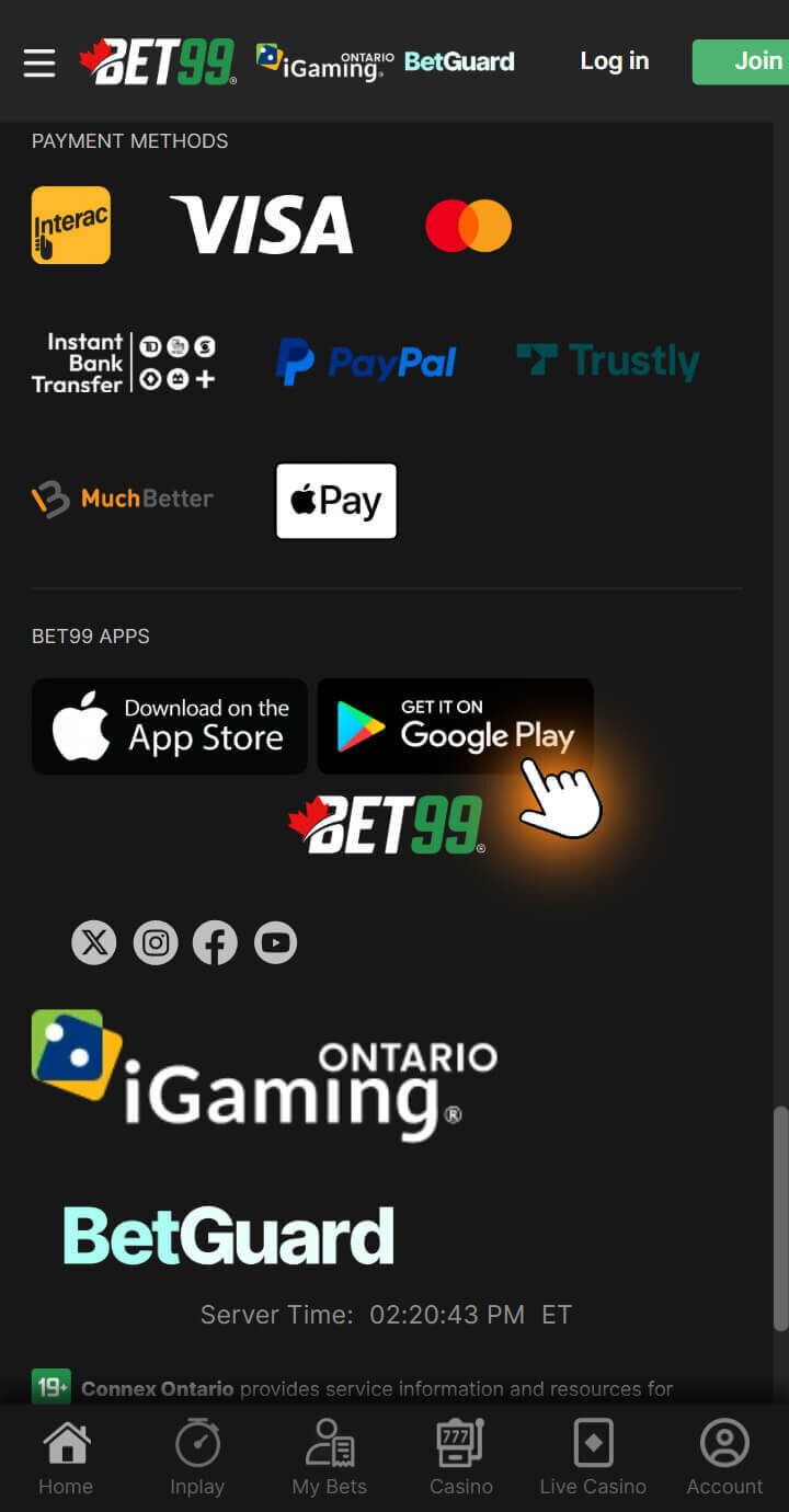 Find apps via casino homepage