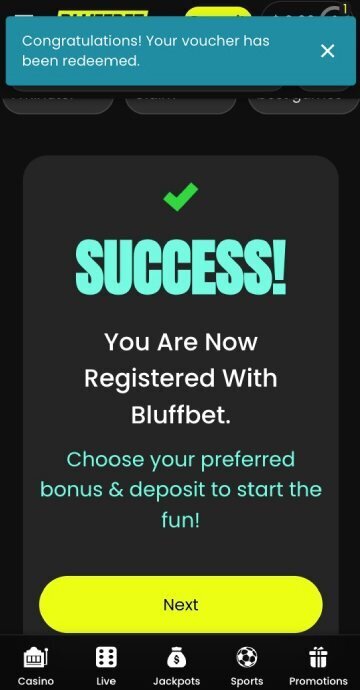 Bluffbet code succesful Step 4
