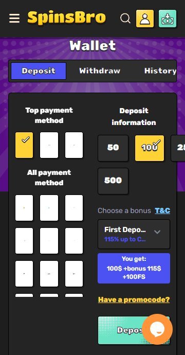 SpinsBro deposit and add promo code