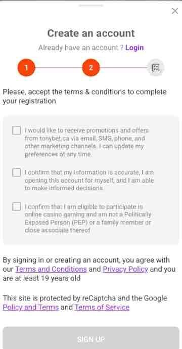 TonyBet signup 3