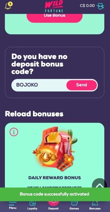 Wild Fortune bonus code step2