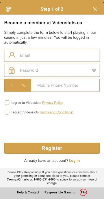 Registration form at Videoslots Ontario
