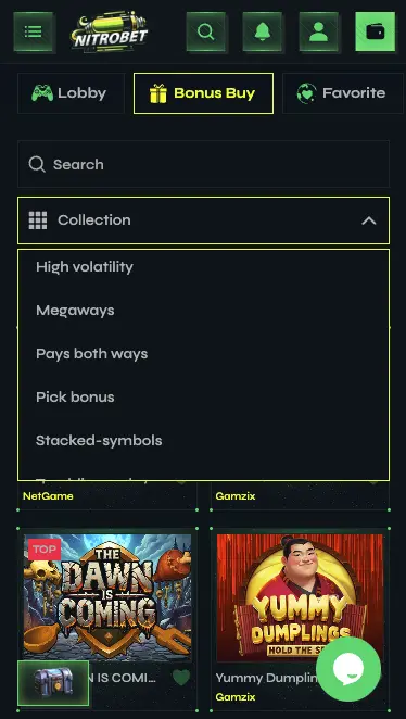 View of Nitrobet Casino's game lobby