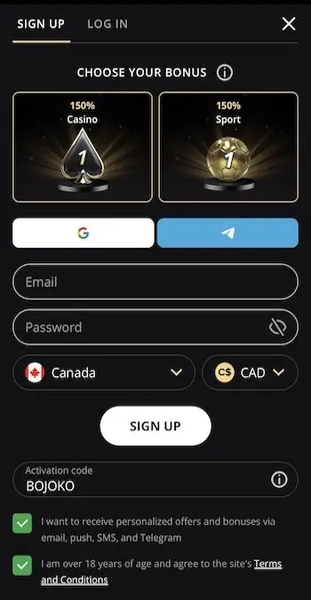 Lex Casino registration step 1